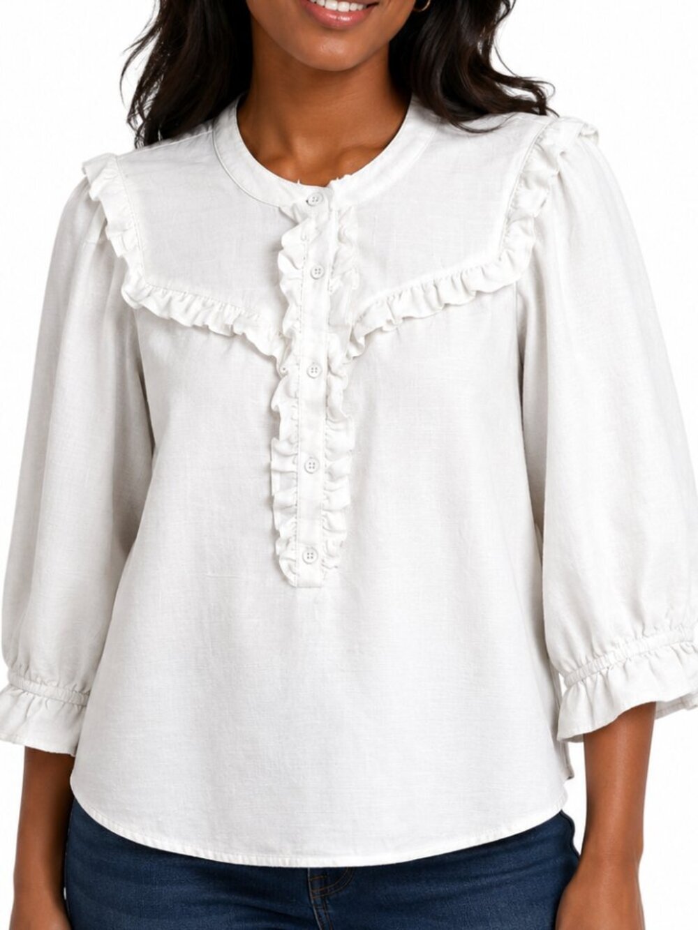Democracy White Ruffle Button Placket 3/4 Sleeve Yoke Blouse